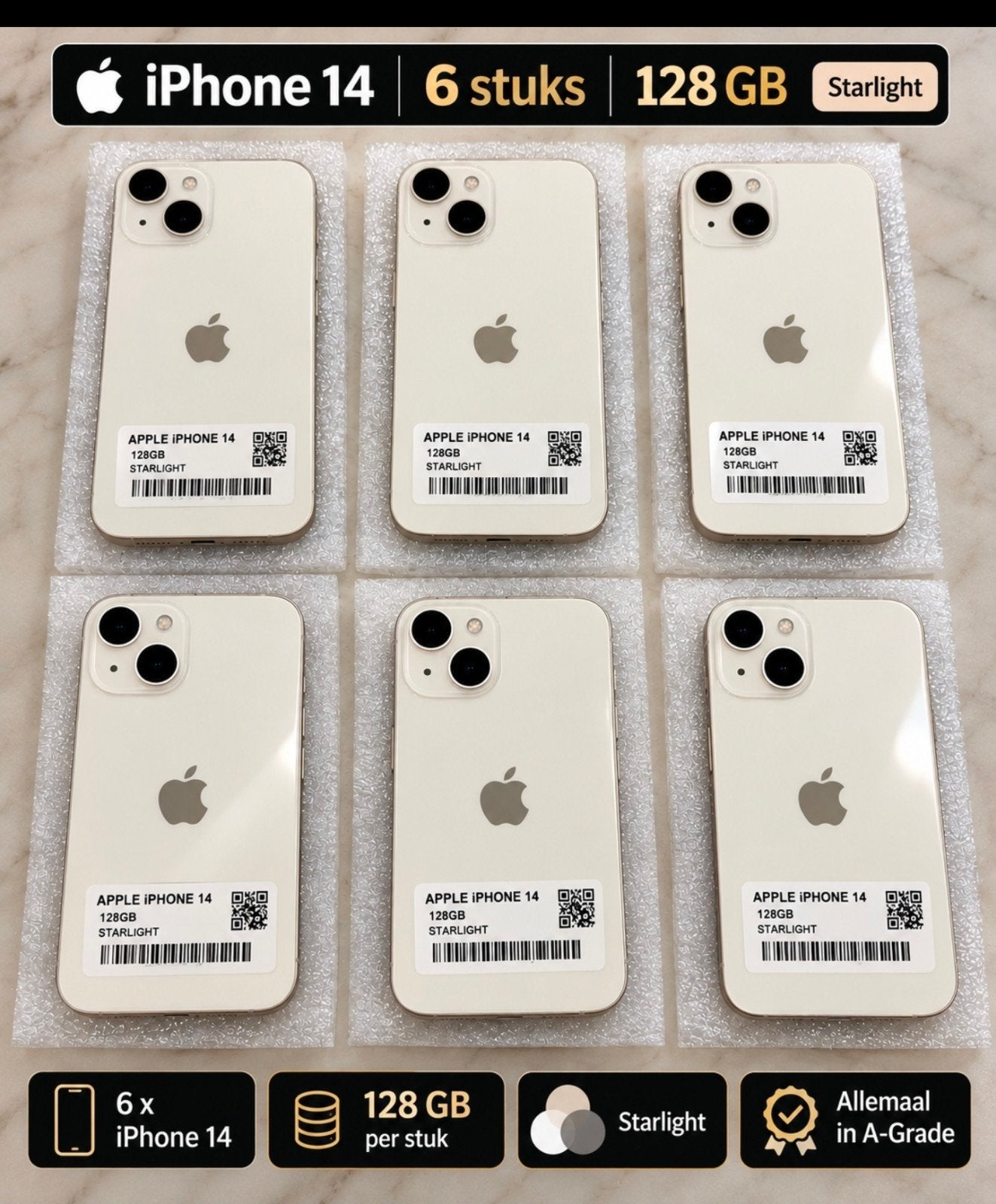 6x Apple iPhone 14 128GB Starlight - A-Grade, 128 GB, Wit, Ophalen of Verzenden, Zo goed als nieuw
