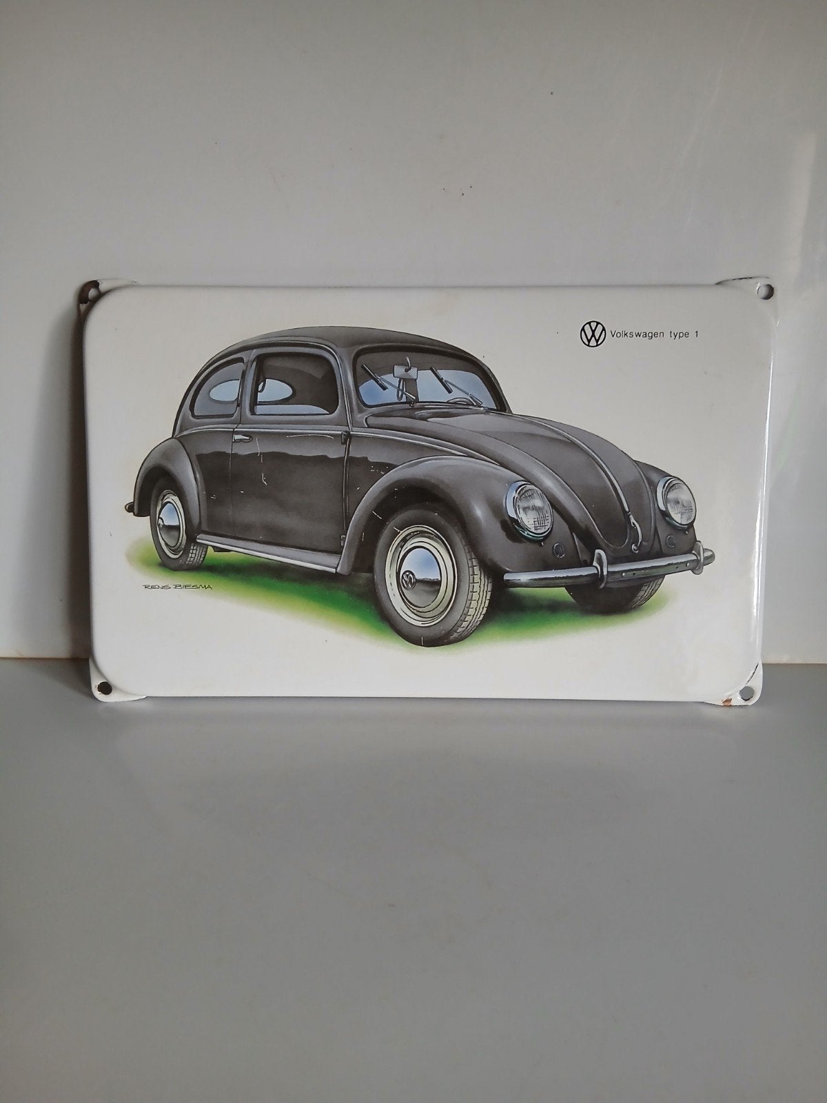 Vintage Emaille Bord Volkswagen Kever Type 1 - Rens Biesma, Ophalen of Verzenden, Gebruikt, Reclamebord