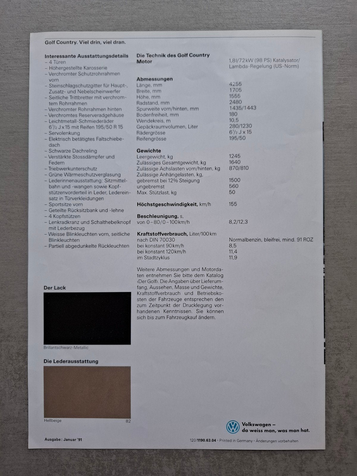 Volkswagen Golf II Country folder - 1991, Ophalen of Verzenden, Zo goed als nieuw, Volkswagen