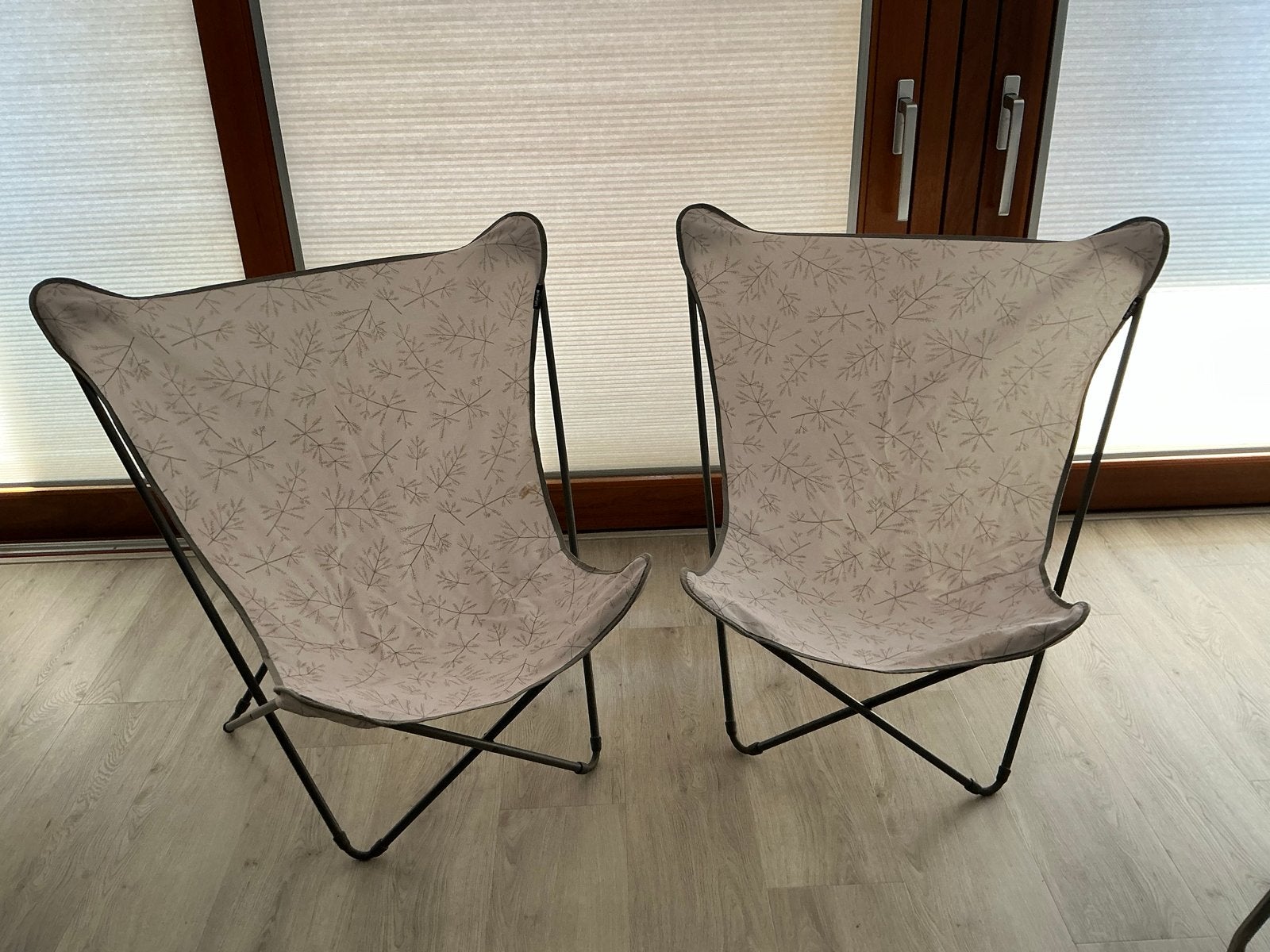 Lafuma Pop Up XL 2 vlinderstoelen - beige met bladmotief, Ophalen, Gebruikt, Twee, Overige kleuren