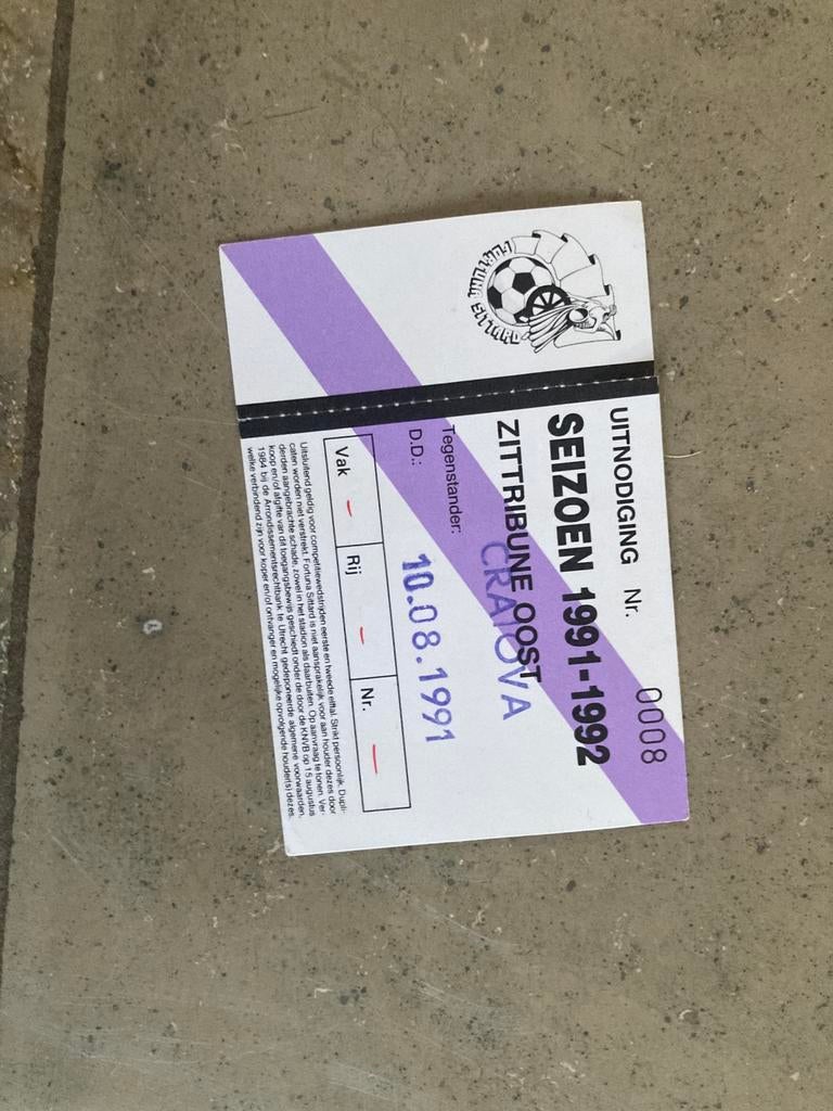 TICKET FORTUNA SITTARD-CRAOVA 1991, Ophalen of Verzenden, Zo goed als nieuw, Overige binnenlandse clubs, Overige typen
