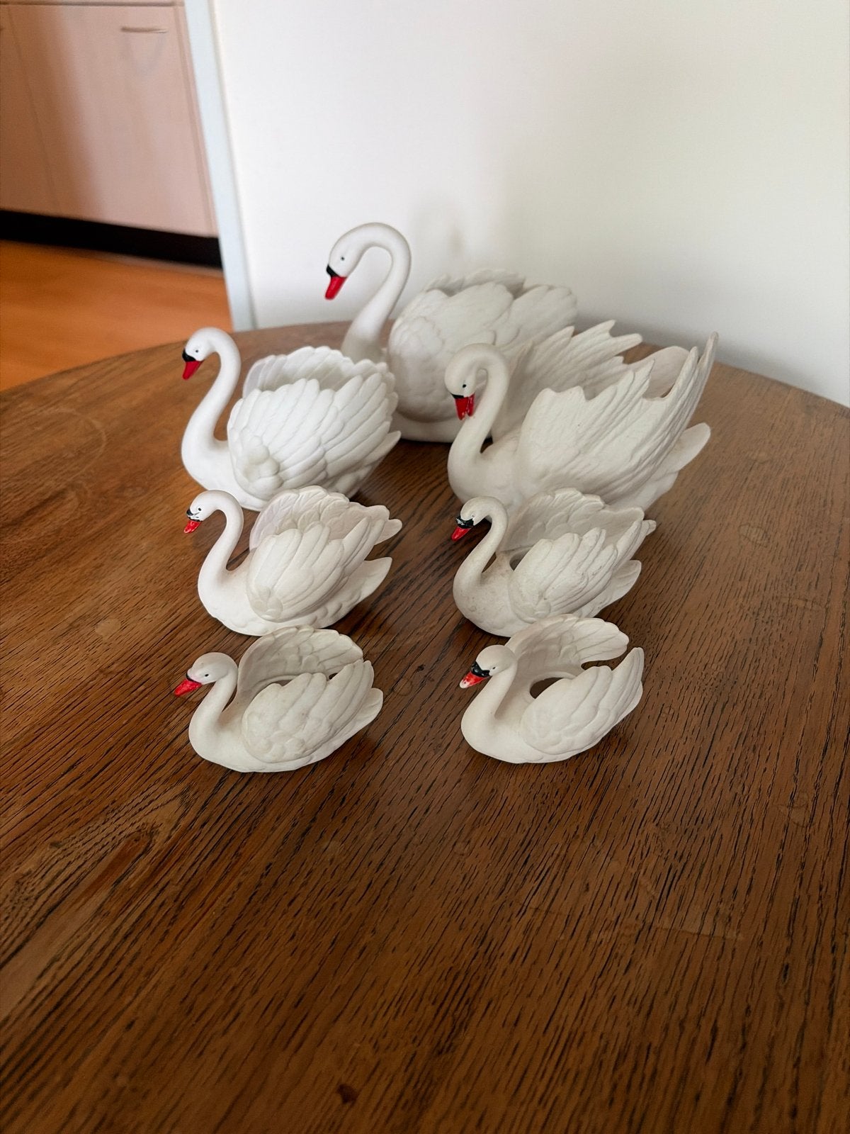 Set van 7 vintage zwanen beeldjes/ringhouders, Ophalen, Vintage, Gebruikt, Wit