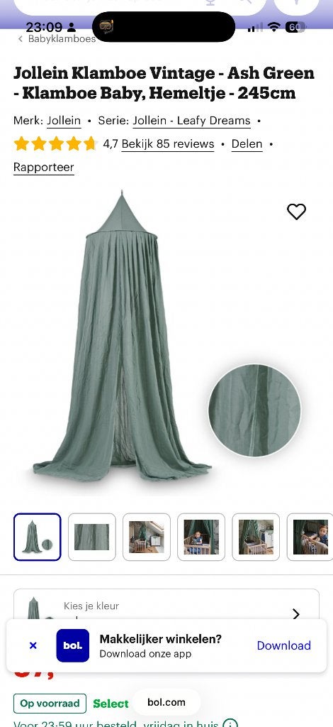 Jollein bedhemeltje ash green 254 cm, Ophalen, Gebruikt, Groen, Jollein