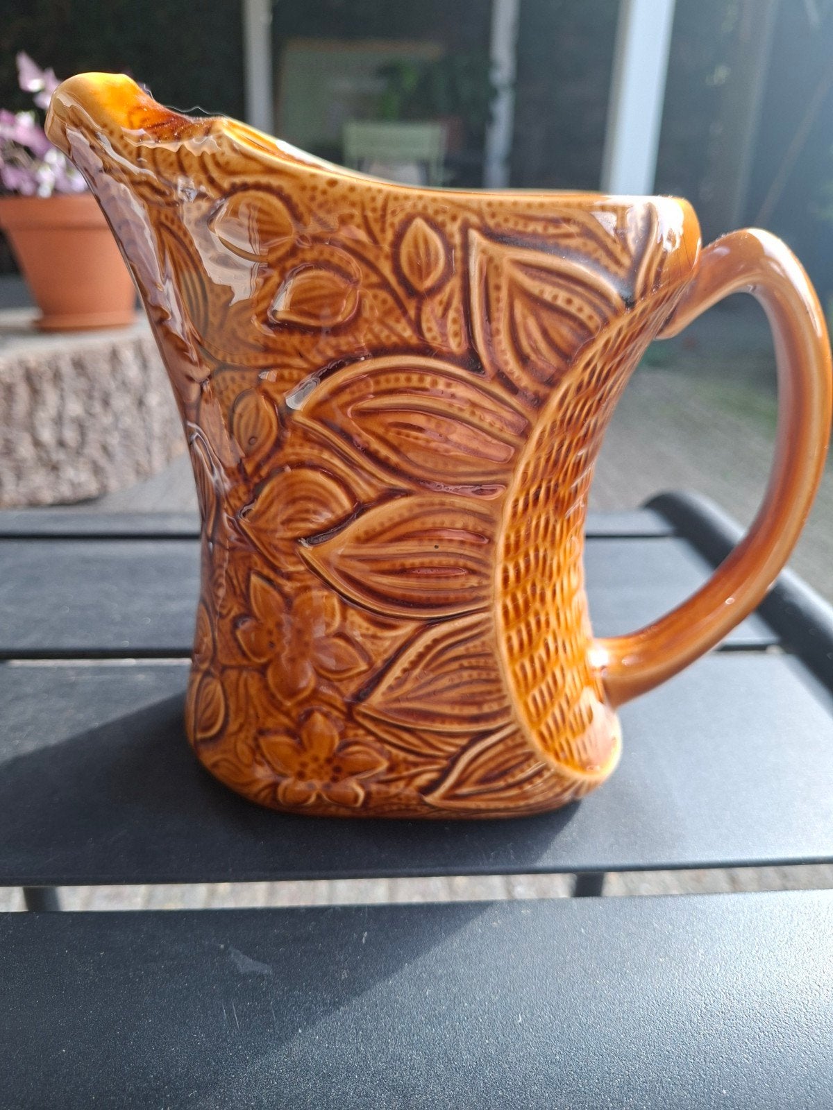 Vintage Sarreguemines France Keramische Kan - Bruin mBloem, Ophalen of Verzenden