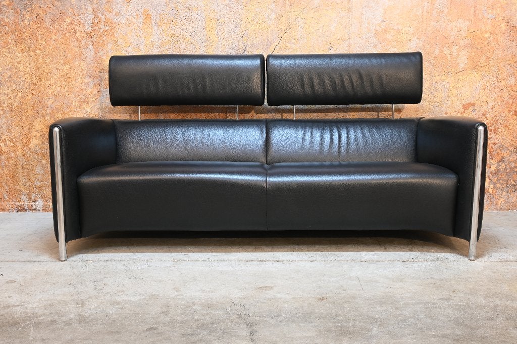 ZGANieuw UNIEKE zwarte leren Leolux Goncharov design bank, Leolux, Leolux, 150 tot 200 cm, Driepersoons