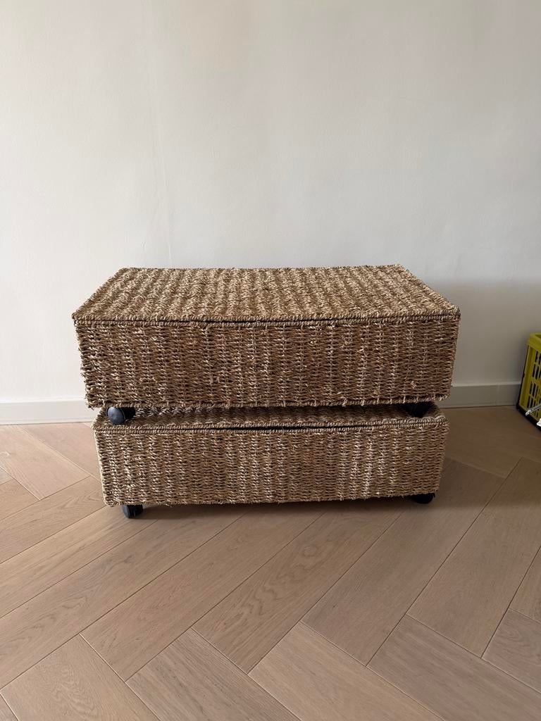 Opbergmanden van zeegras op wieltjes (2 stuks), Huis en Inrichting, Woonaccessoires | Kisten, Ophalen, Overige materialen, Minder dan 50 cm