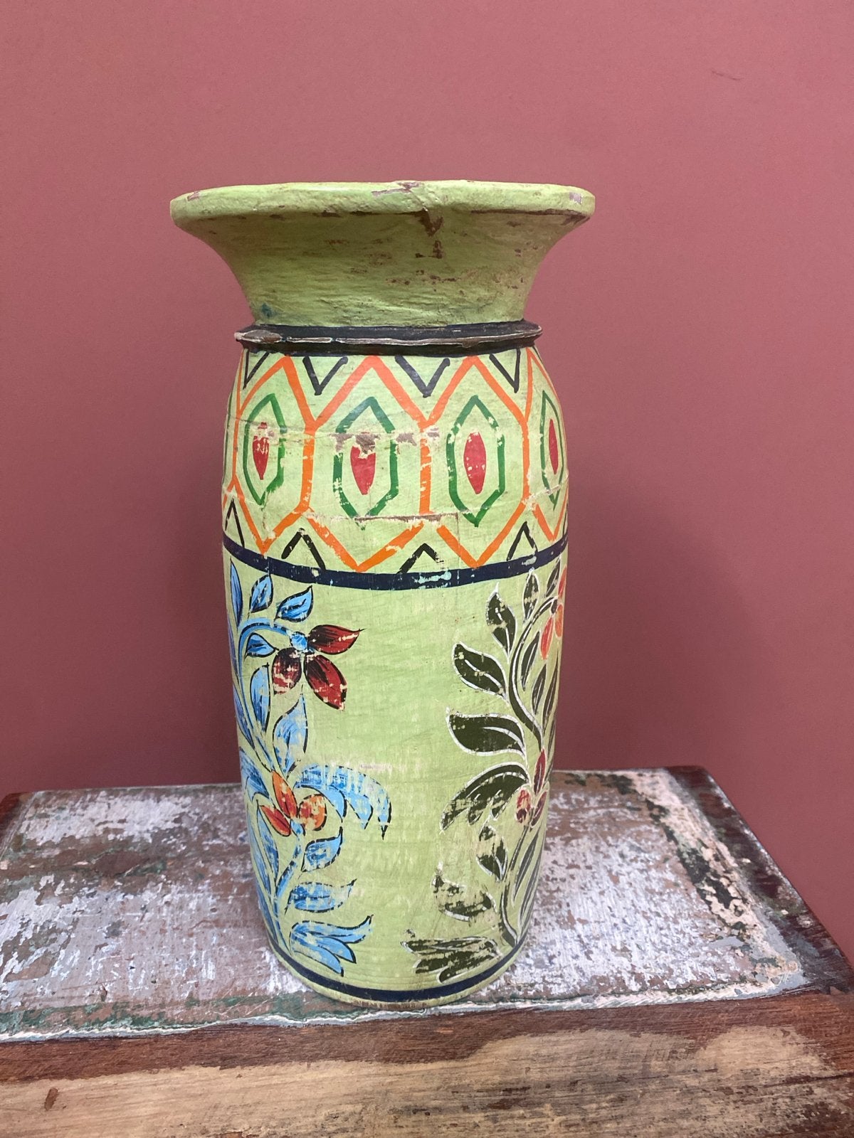 Unieke houten handgeschilderde vaas met bloemmotieven, Ophalen