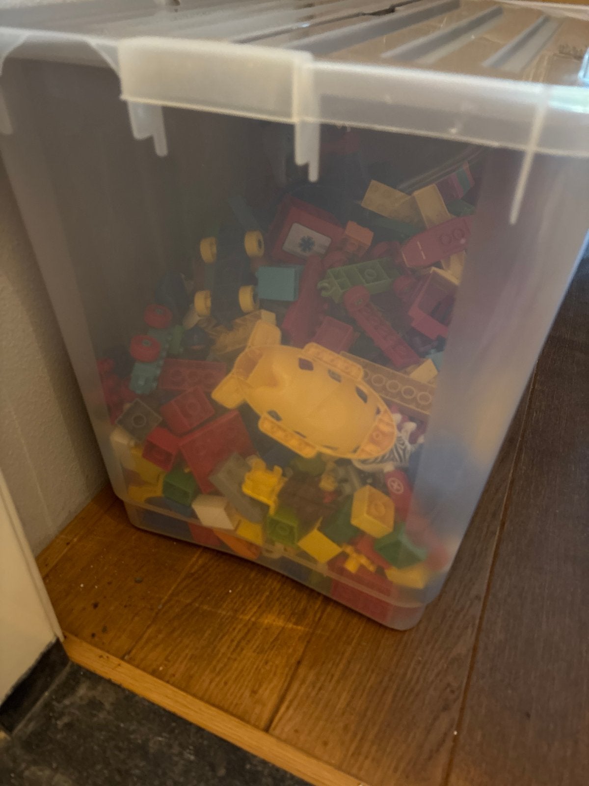 Grote bak met diverse bouwblokken (Lego Duplo-stijl), Ophalen, Gebruikt, Overige merken