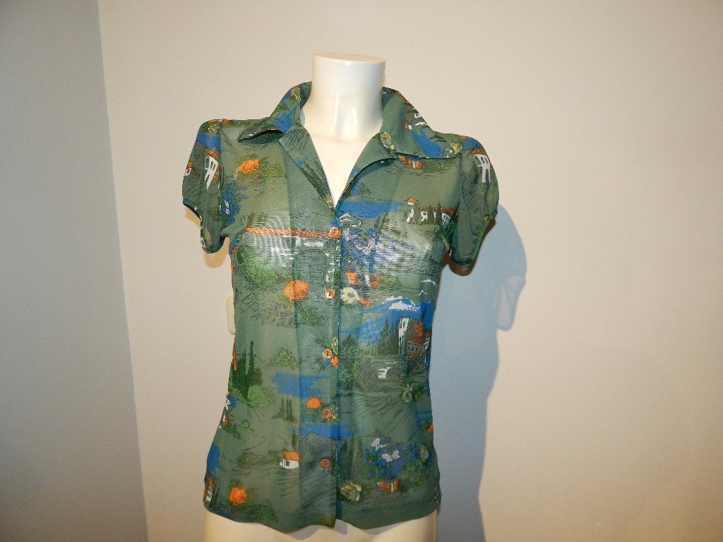King louie voile blouse groen kleur steden printje M