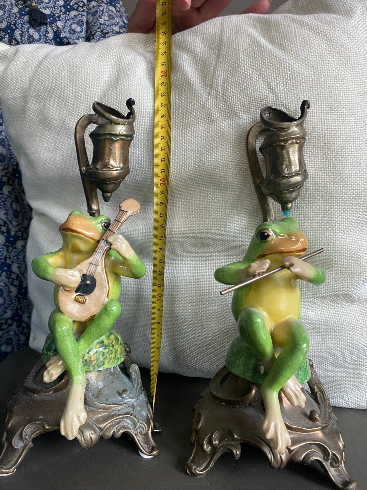 Set van 2 Kikker Muzikanten kandelaars brons porselein, Ophalen of Verzenden, Koper of Brons