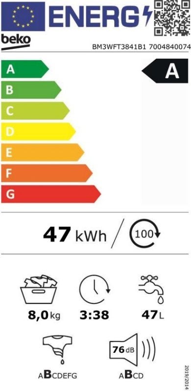 Beko wasmachine BM3WFT3841B1 - EnergySpin - 8 kg, Nieuwe Hemweg 6-7 1013 BG Amsterdam, Beko Nederland B.V., 1200 tot 1600 toeren