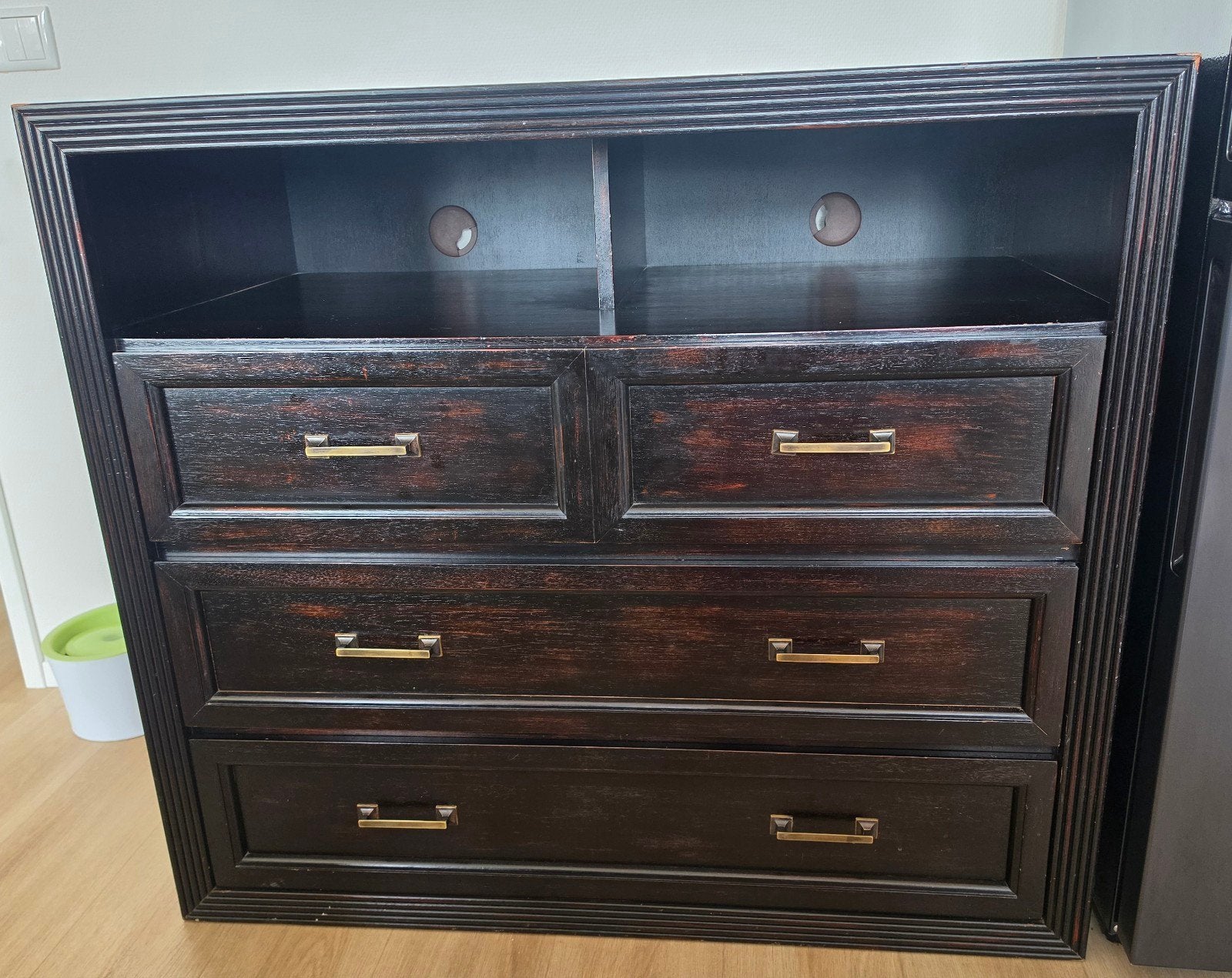 Donkerbruine kast met lades en open vakken (105x60x91 cm), Ophalen, Met plank(en), Gebruikt, 100 tot 150 cm