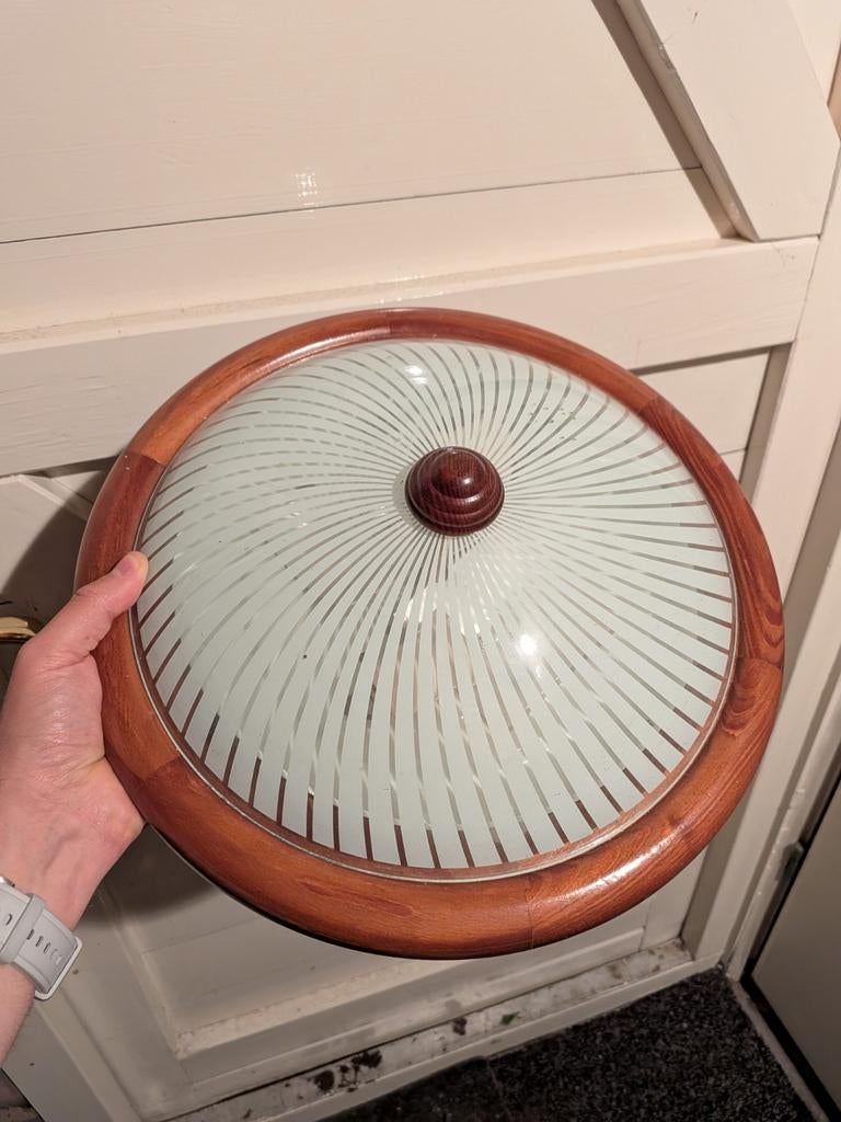 Mooie luxe vintage houten plafondlamp met lijnenspel, Ophalen, Zo goed als nieuw, Glas