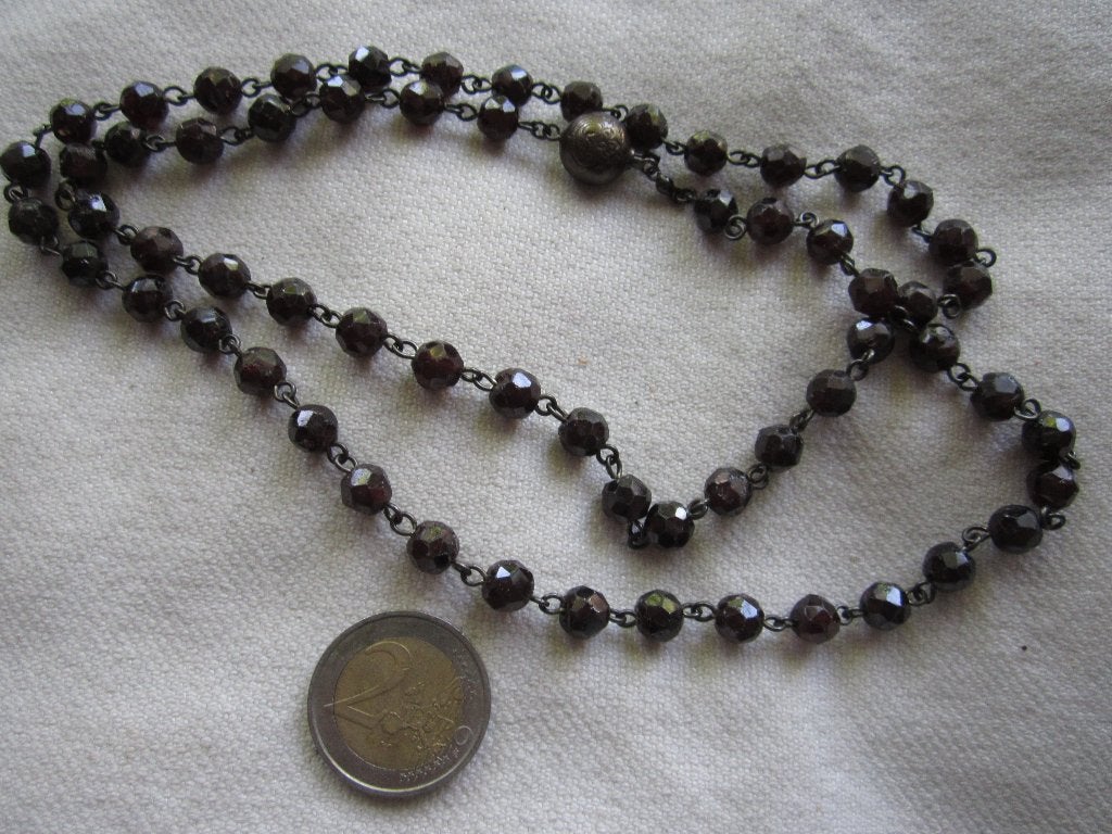 14.Schitterende oude ketting,   granaat??  80 cm, Sieraden, Tassen en Uiterlijk, Antieke sieraden, Ophalen, Zilver, Ketting