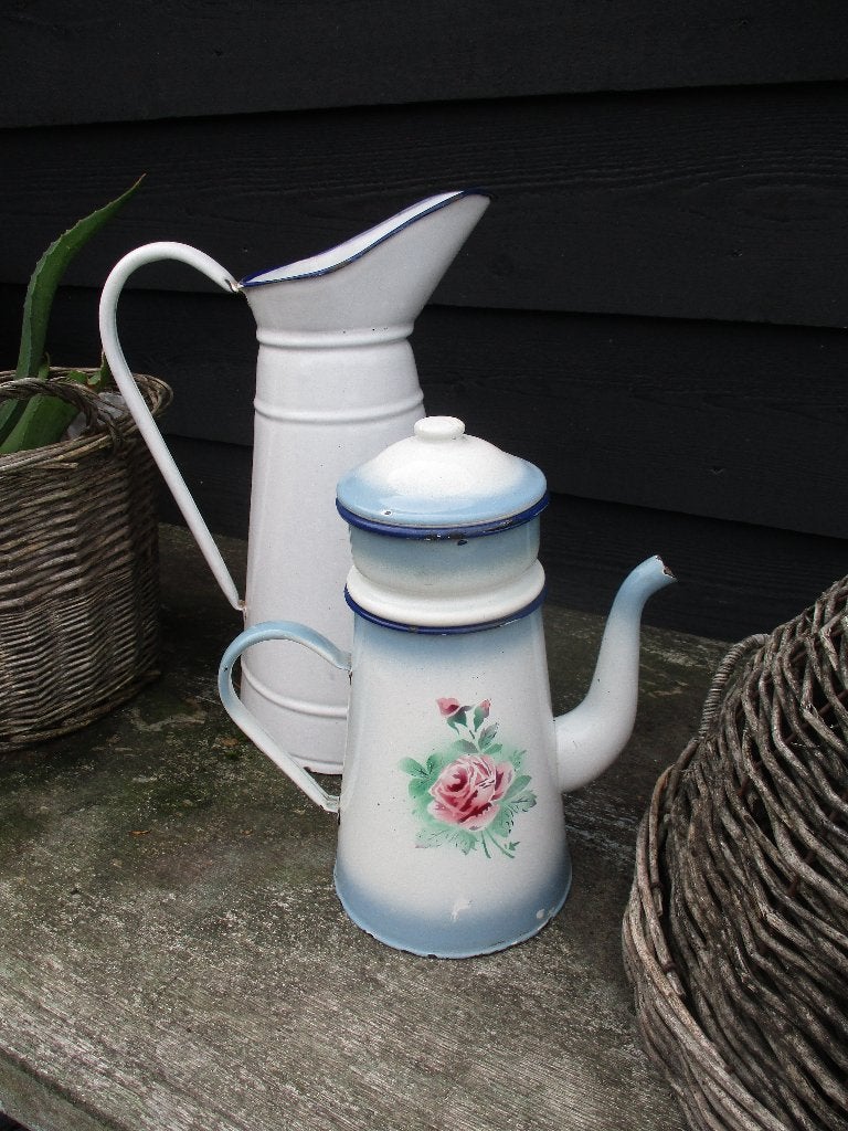 emaille brocante vintage koffiepot met filter en bloemen, Antiek en Kunst, Ophalen of Verzenden