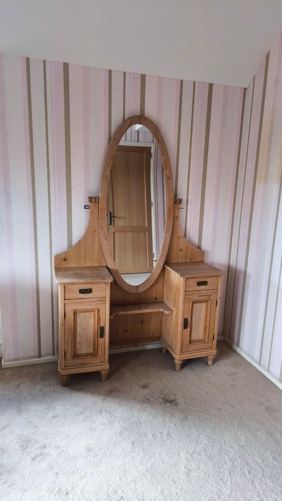 Vintage Grenen Kaptafel met Ovale Spiegel en Opbergruimte, Huis en Inrichting, Ophalen, Gebruikt, 100 tot 150 cm, 100 tot 150 cm