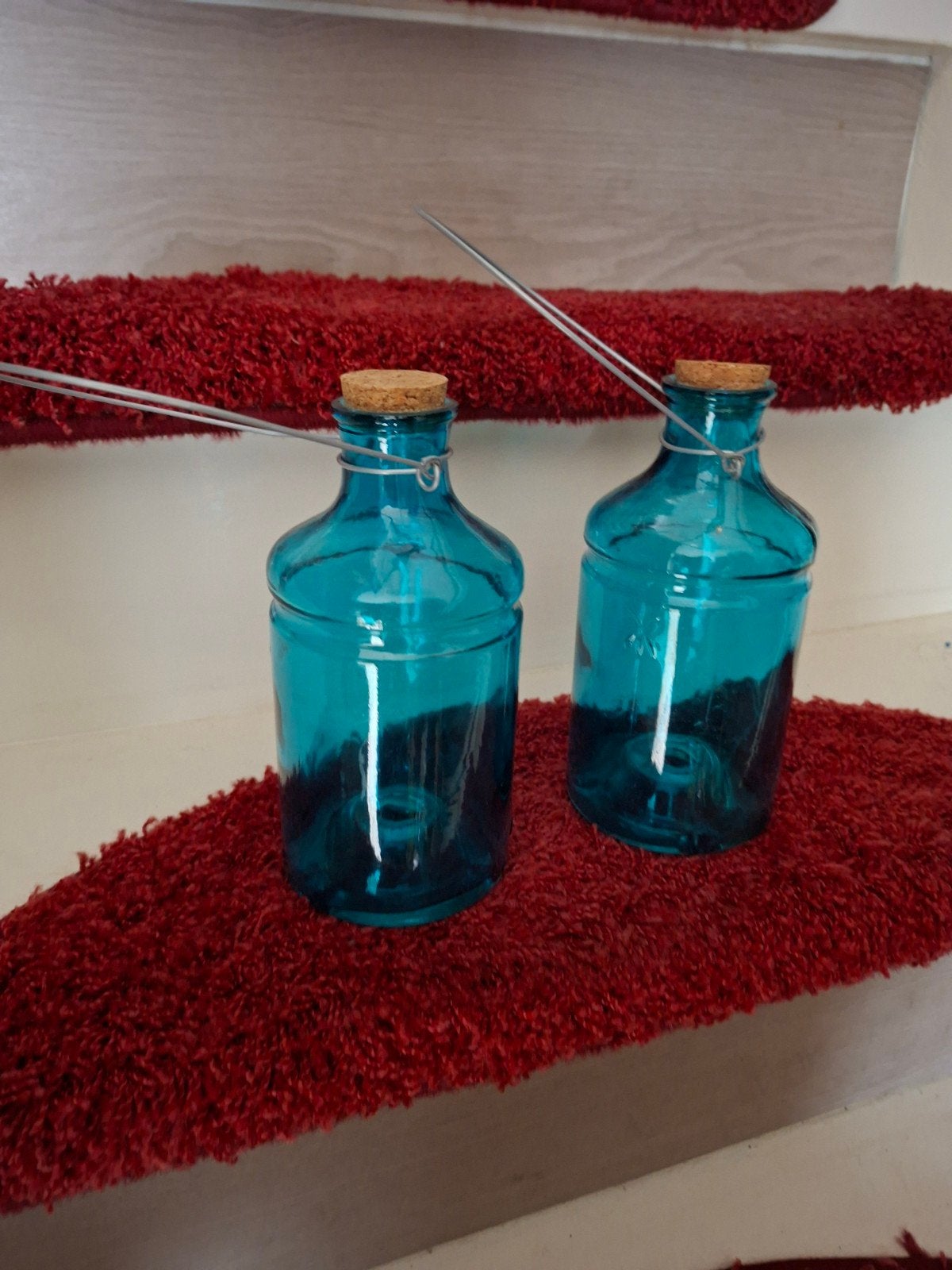 Set van 2 turquoise glazen flessen met kurk, Ophalen