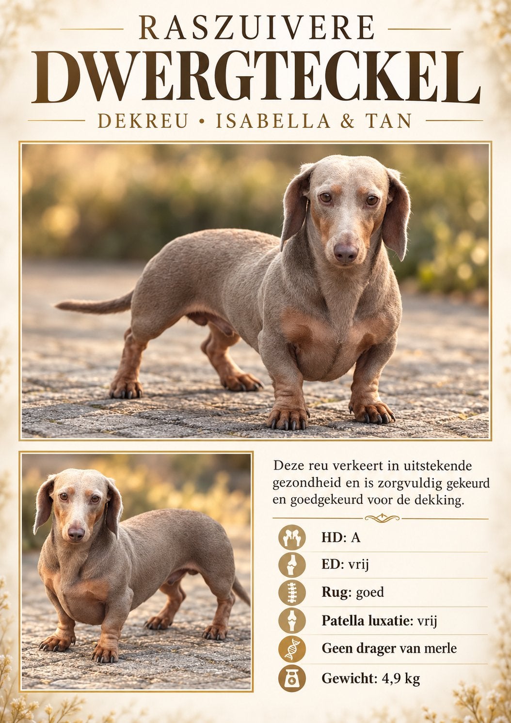 Dekreu dwerg teckel isabella & tan, Reu, 1 tot 2 jaar, Eén hond, CDV (hondenziekte)