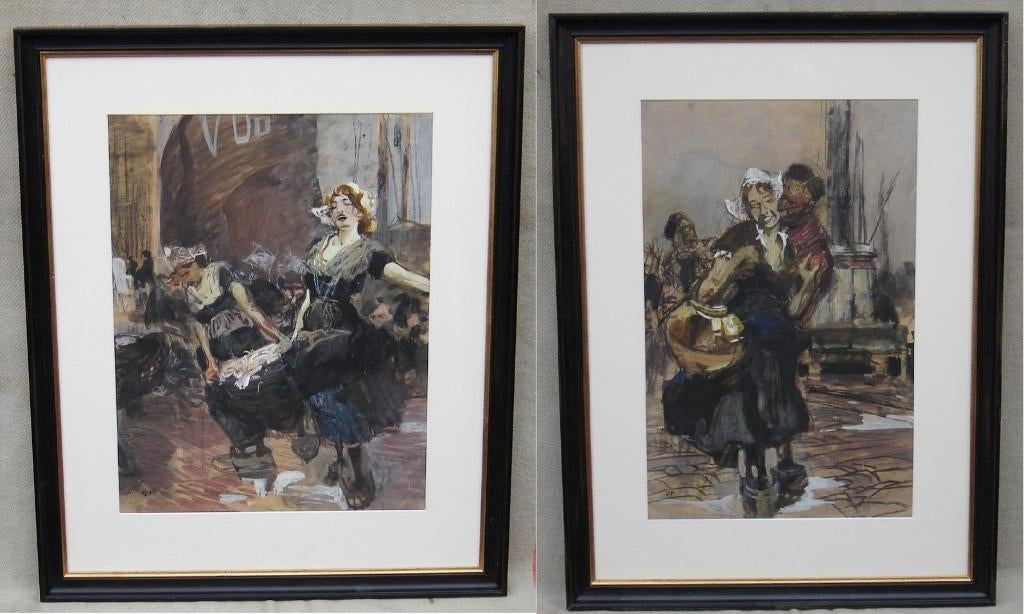 Aquarel, 2x Haven van Volendam, Erich Kips, Antiek en Kunst, Kunst | Schilderijen | Klassiek, Ophalen