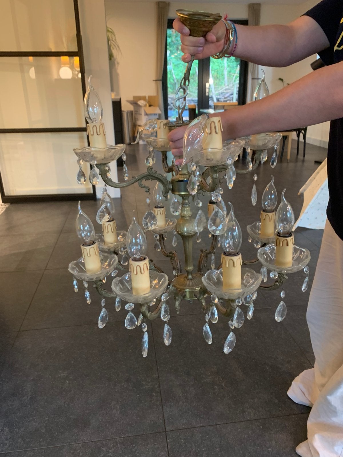 Prachtige kroonluchter, koper, Huis en Inrichting, Lampen | Kroonluchters, Ophalen, Zo goed als nieuw, Glas