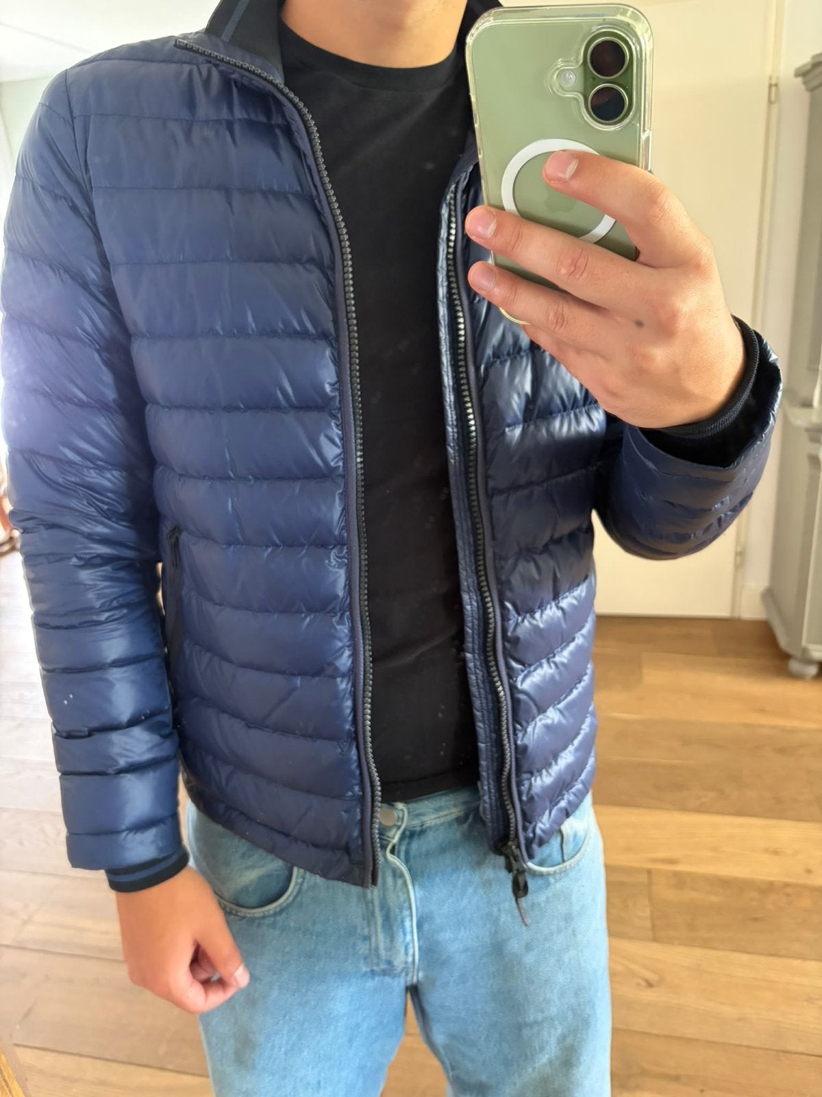 Woolrich Stijlvolle donkerblauwe gewatteerde jas, Kleding | Heren, Ophalen of Verzenden, Zo goed als nieuw, Maat 48/50 (M), Blauw