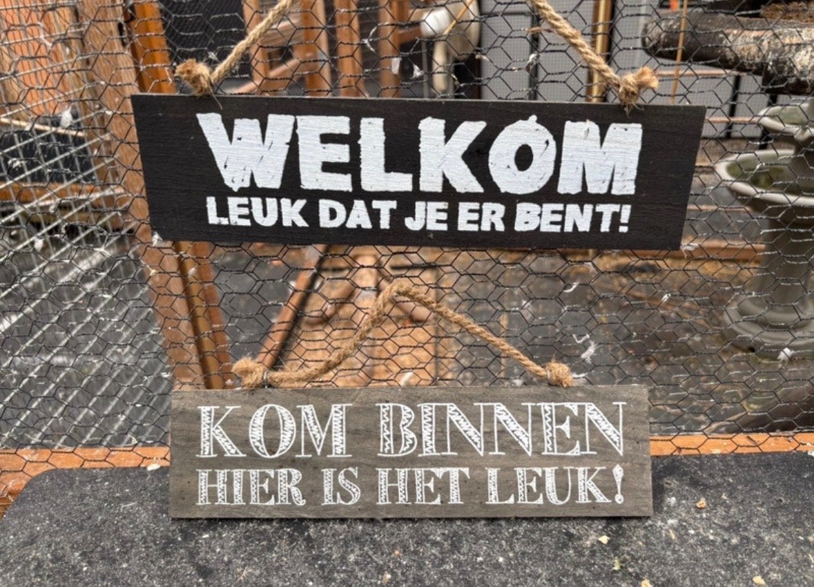 Welkomstbordjes 'Welkom' en 'Kom Binnen', Huis en Inrichting, Hout, Ophalen of Verzenden, Landelijk, Gebruikt