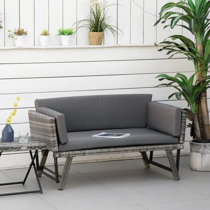 2-in-1 Wicker Tuinbank ligbed met Kussens - Grijs, Ophalen of Verzenden, Nieuw, Wicker