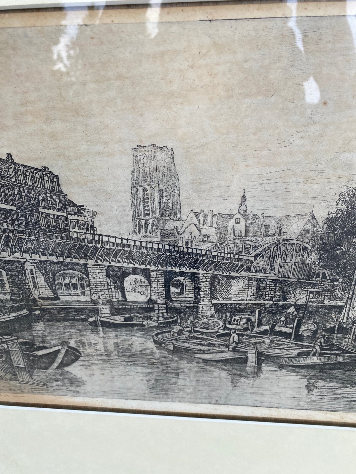 Prent Laurenskerk Rotterdam - Stadsgezicht, Antiek en Kunst, Ophalen, Ingelijst, Ets, Stadsgezicht