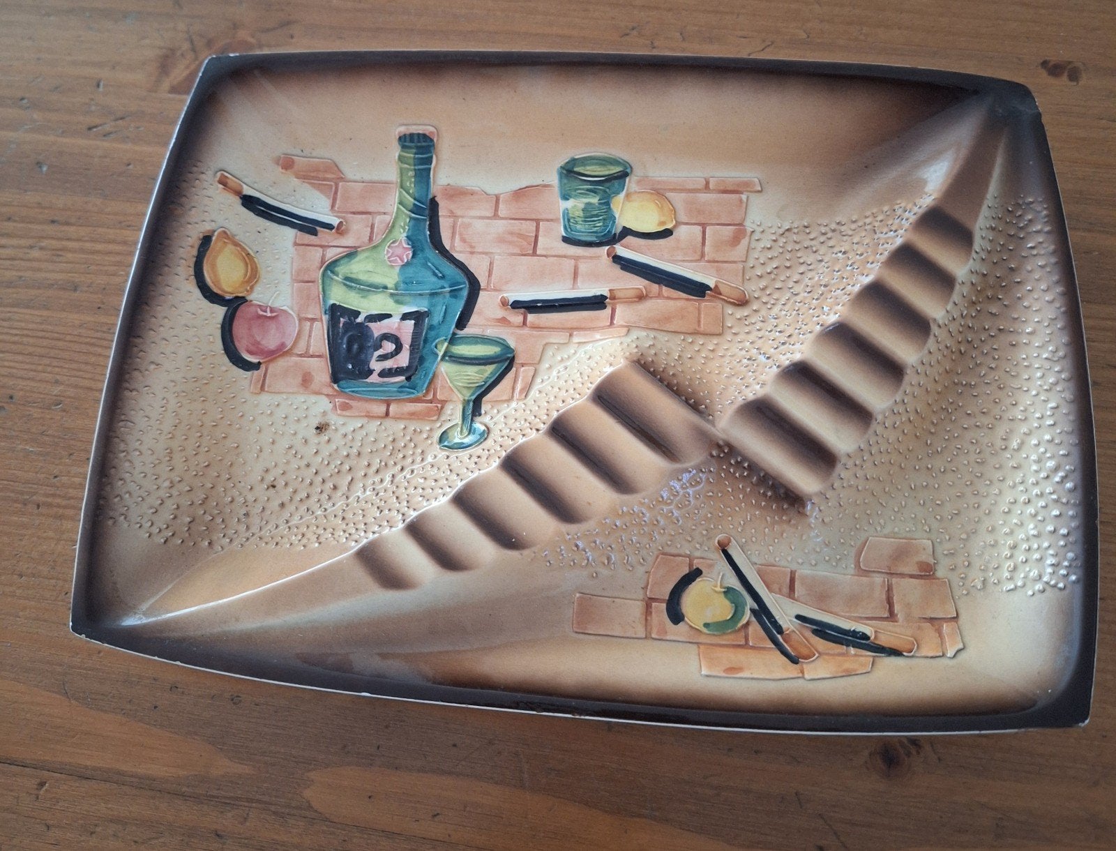 Vintage keramische asbak met barscène, Ophalen of Verzenden