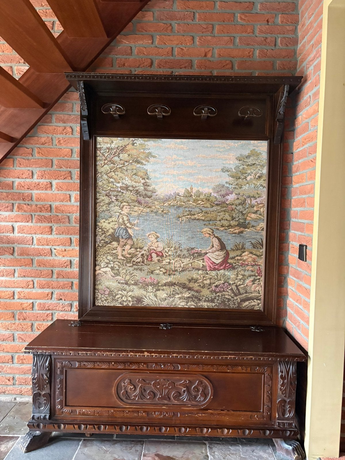 Antieke 19e-eeuwse halbank met gobelin – ca. 1880-1900, Ophalen
