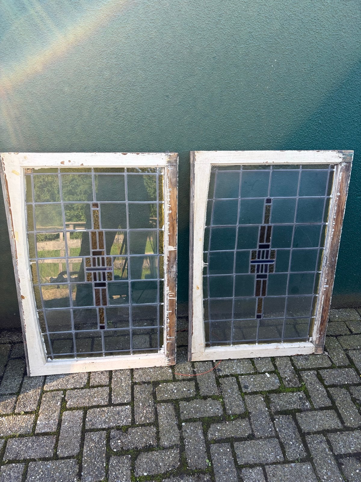 2 kozijnen met glas in lood - 73.5x106.5 cm, Ophalen, Gevelraam of Ruit, Gebruikt, 80 tot 120 cm
