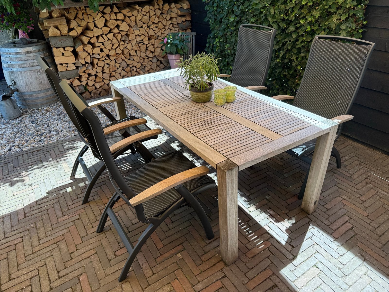 6 Hartmann stoelen Da Vinci met teak tuintafel, Ophalen of Verzenden, Gebruikt, Teakhout, Verstelbaar