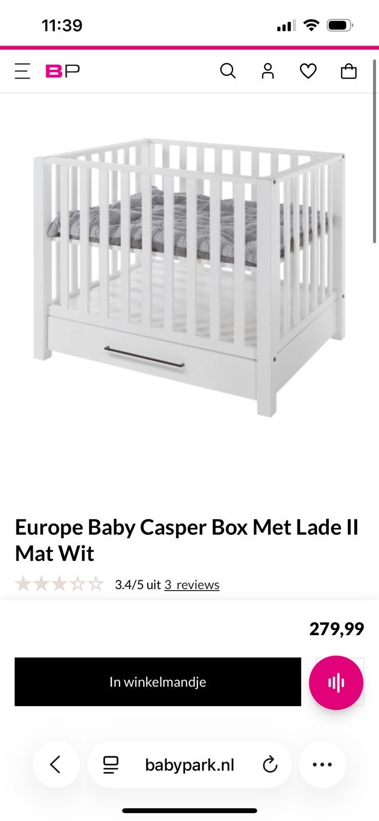 Box Europe Baby Casper met lade mat wit, Kinderen en Baby's, Boxen, Ophalen, Zo goed als nieuw, Lade