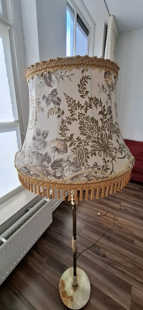 Vintage staande lamp met bloemenpatroon en franjes, Ophalen, Gebruikt, E27 (groot), Vintage, Klassiek, Romantisch