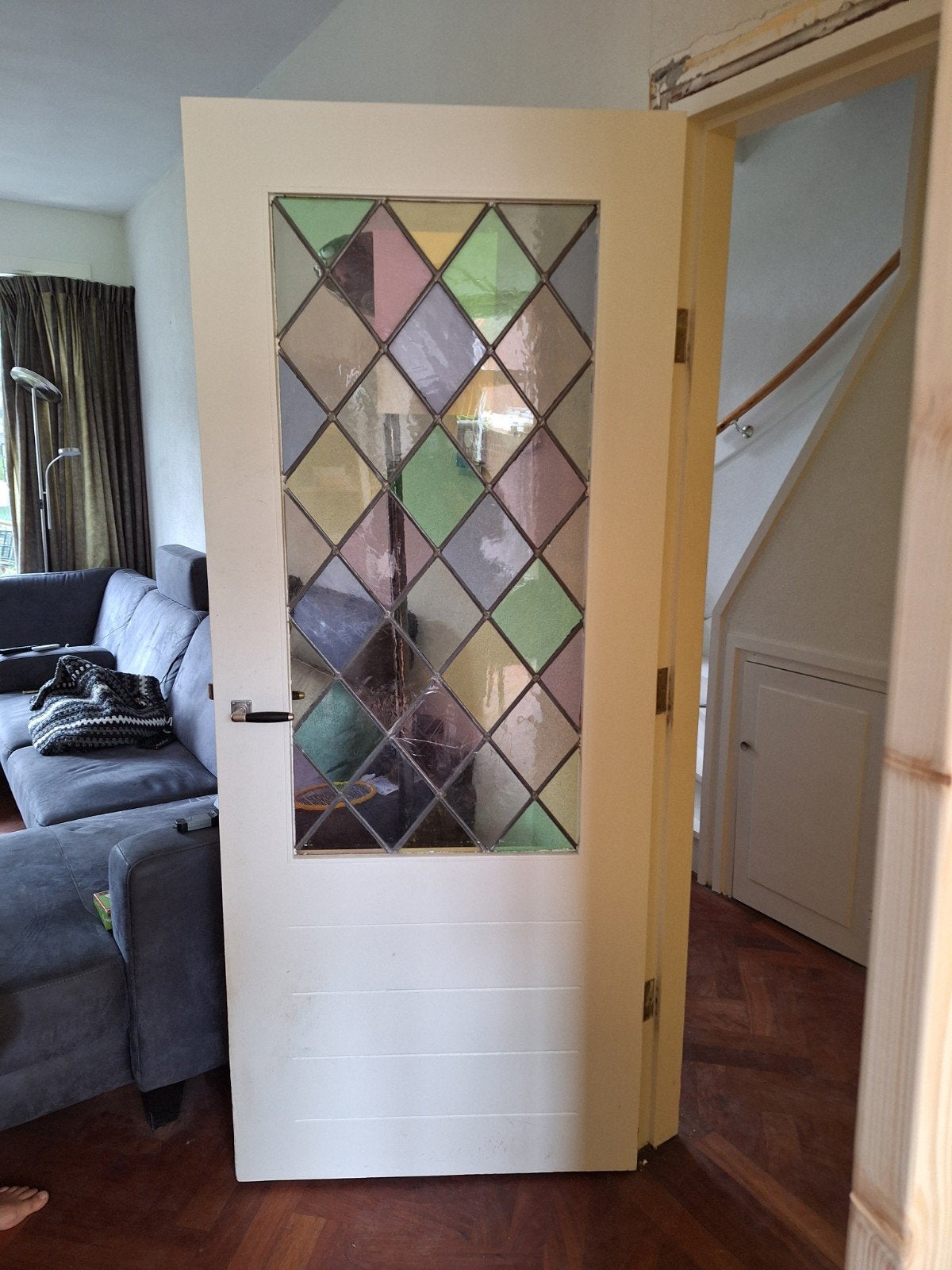 Links draaiende deur met glas in lood (ruitje stuk), Ophalen, Gebruikt, 80 tot 100 cm, Binnendeur