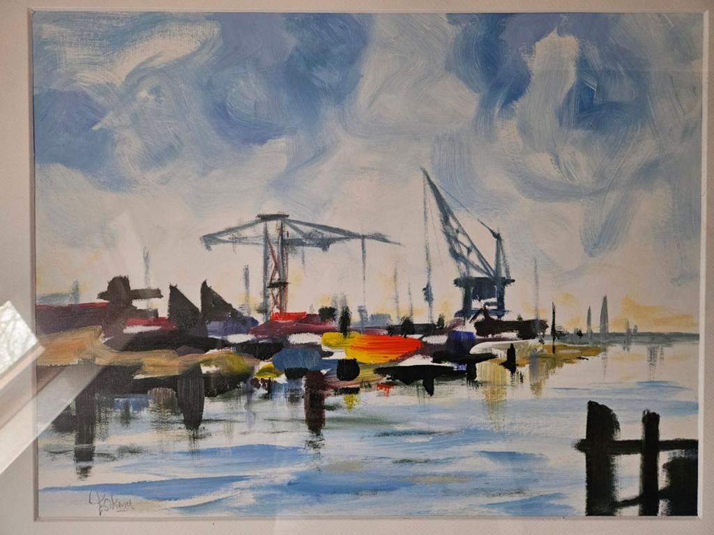 Schilderij Eddy Sikma Haven met kranen, Ophalen