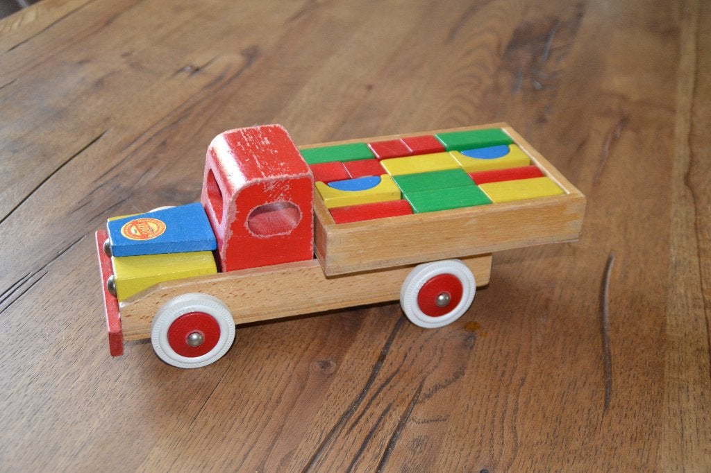 Leuke oude Heros houten blokkenauto, Ophalen of Verzenden, Gebruikt, Duw- of Trekspeelgoed