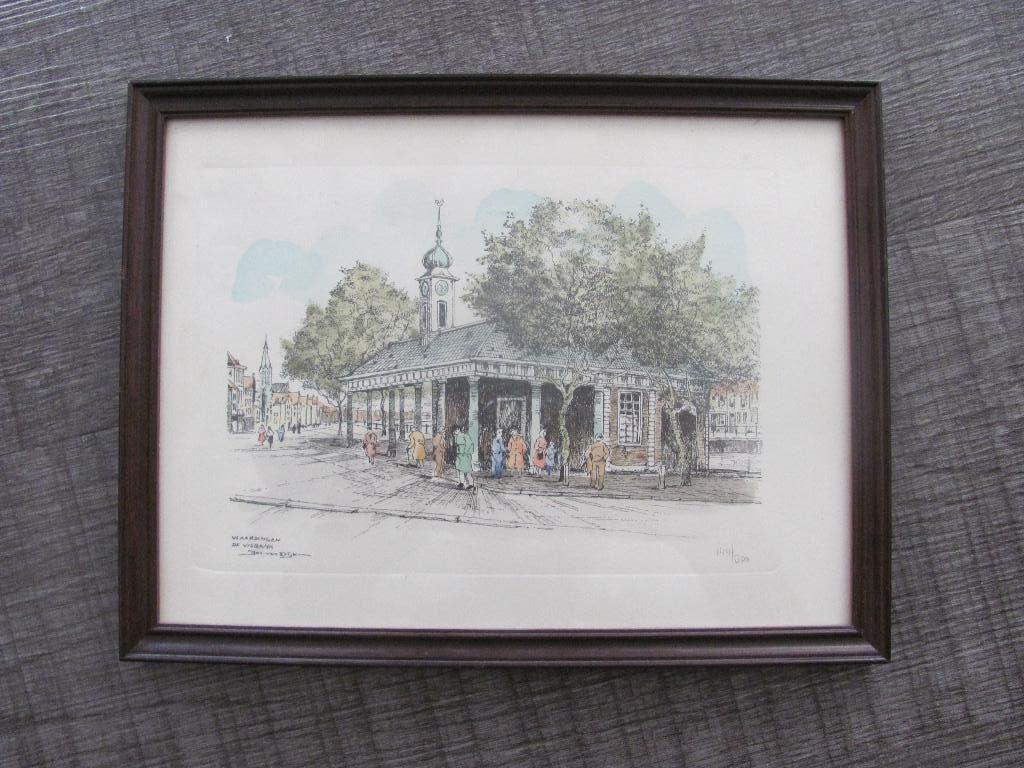 Jos van Dijk (1913 -2000 ) - Vlaardingen De Visbank, 26 cm, Stadsgezicht, Ophalen of Verzenden, Origineel