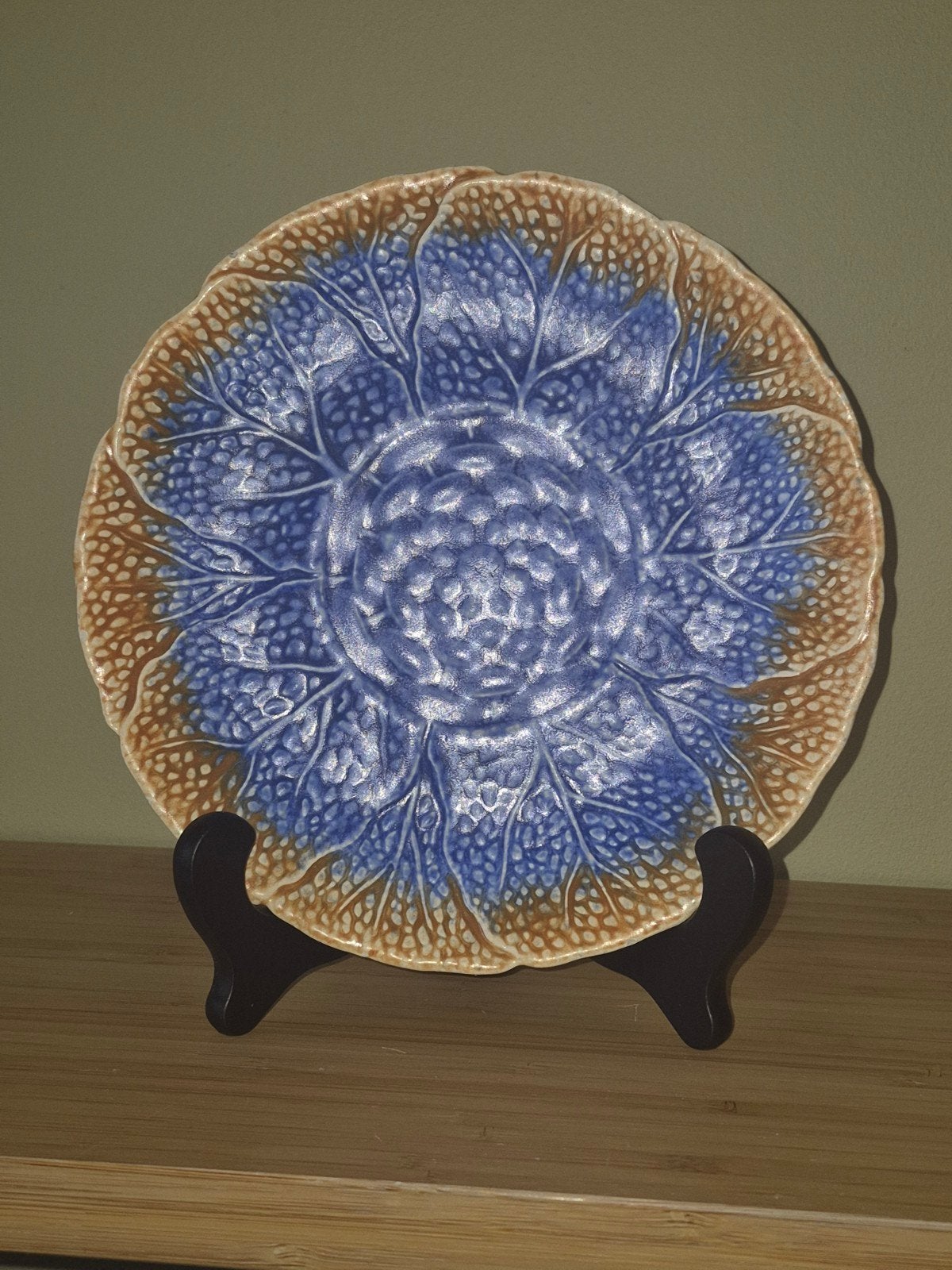 Vintage Majolica Koolblad Schaal - Blauw & Bruin, Ophalen of Verzenden