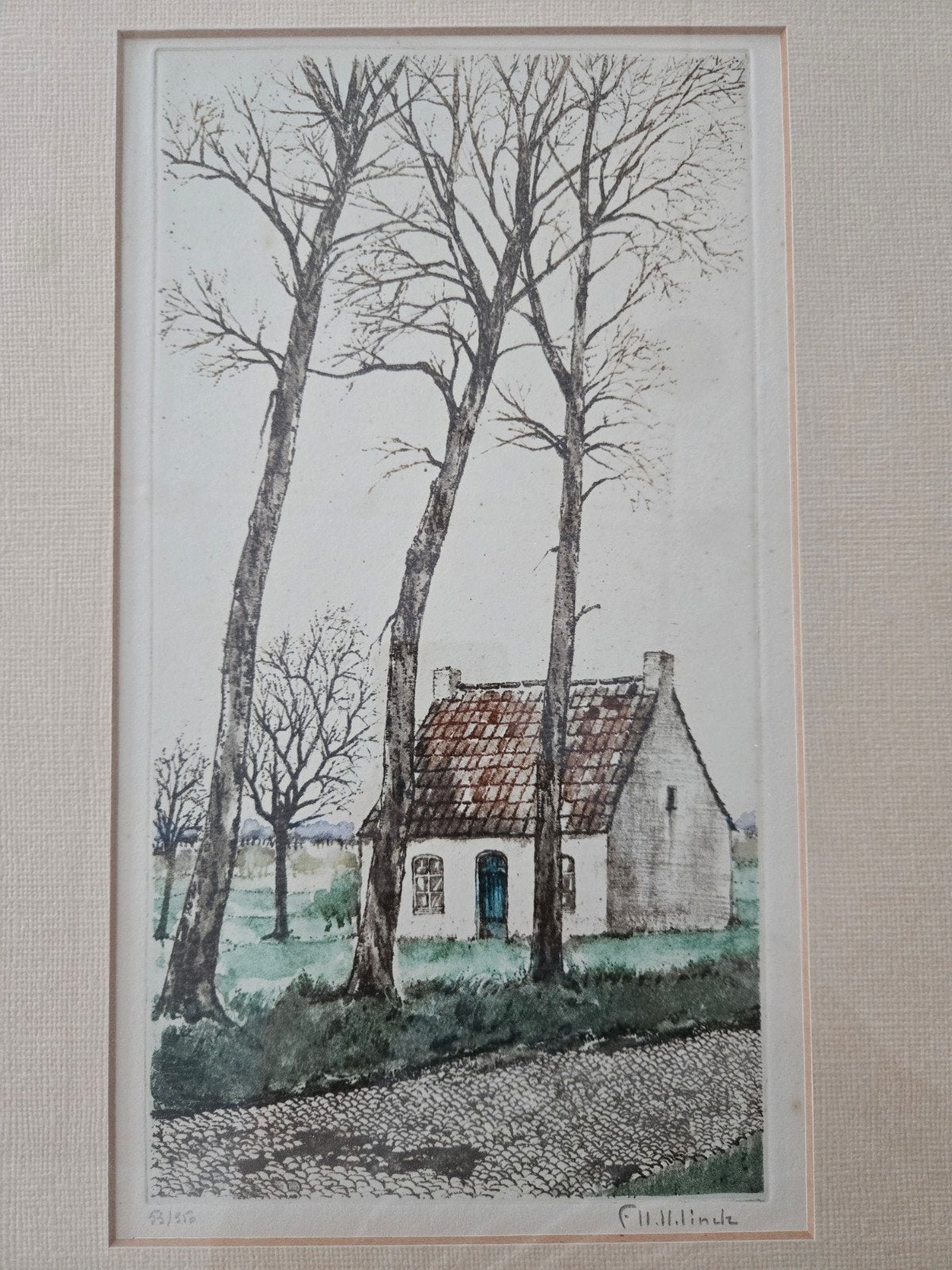 Ets van F. Hebbelinck - Huisje tussen bomen (53/350), Antiek en Kunst, Ingelijst, Ophalen of Verzenden, Landschap, 1950 - 1999