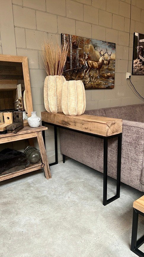 sidetable oud eiken massief balk stalen frame matzwart, 100 tot 150 cm, Nieuw, Ophalen of Verzenden, Eikenhout