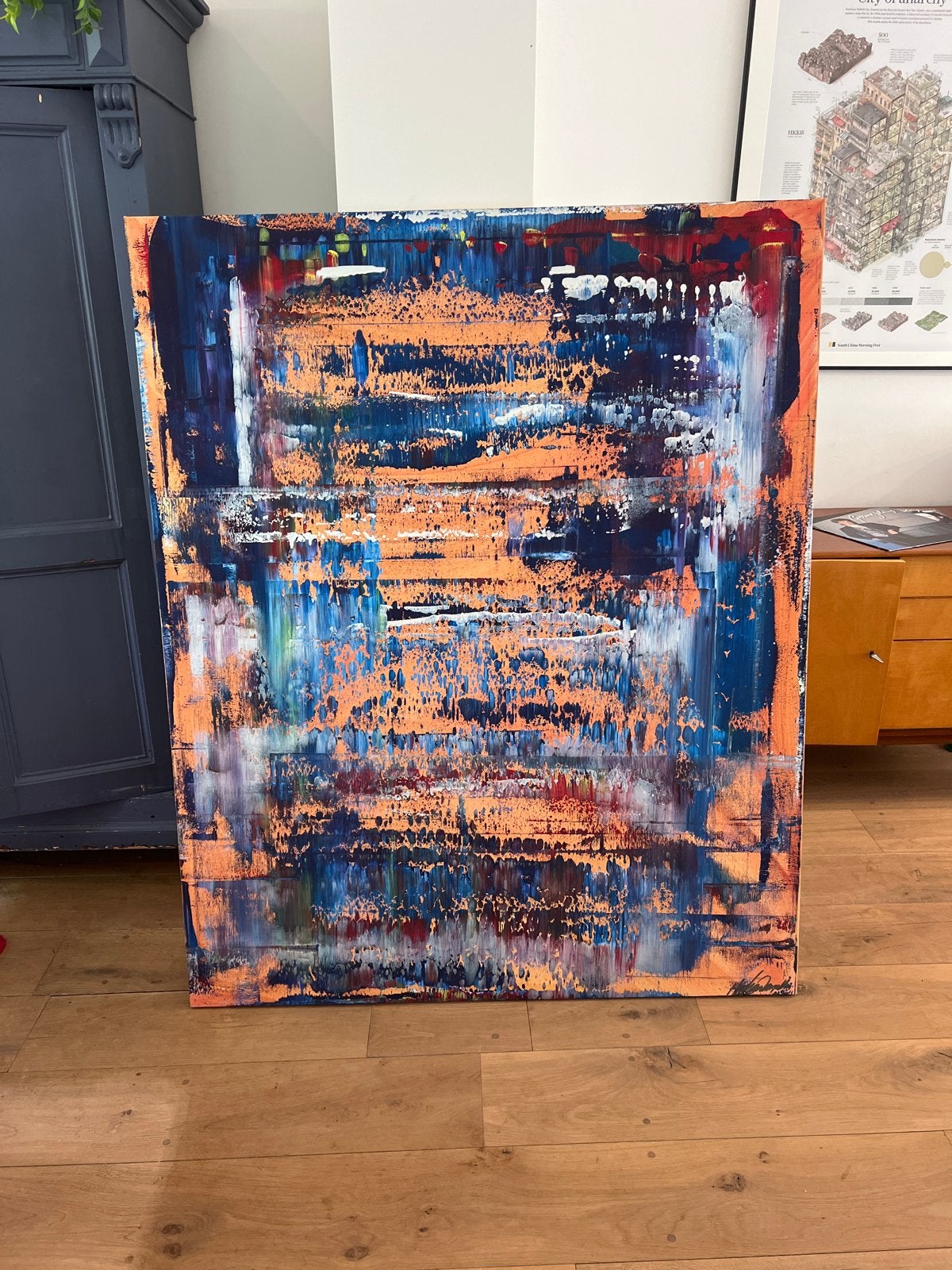 Abstract Schilderij: Blauw en Oranje Expressie, Antiek en Kunst, Kunst | Schilderijen | Abstract, Ophalen