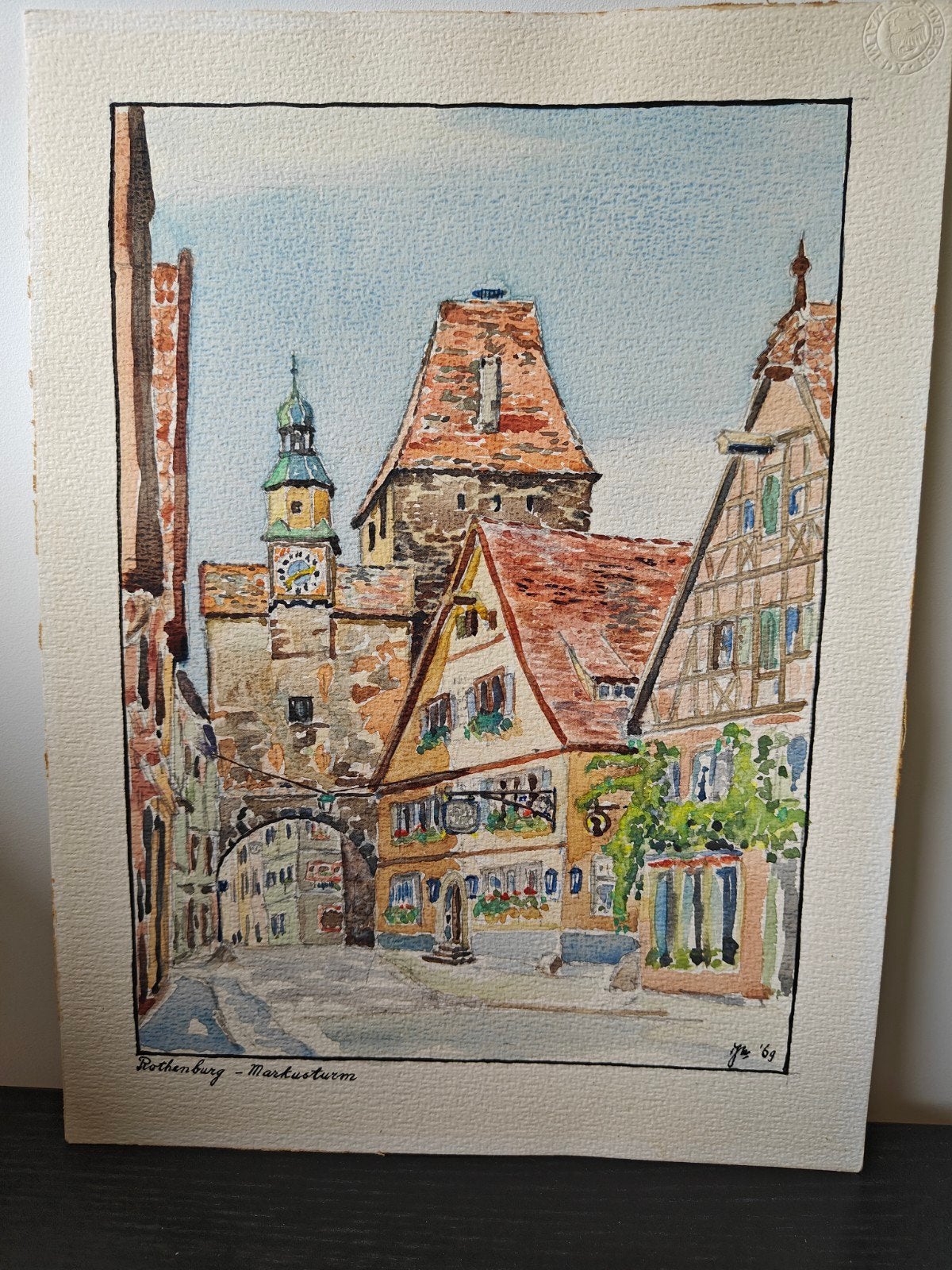 Aquarel Rothenburg – Markusturm (1969) | Vintage schilderij, Antiek en Kunst, Kunst | Tekeningen en Foto's, Ophalen of Verzenden