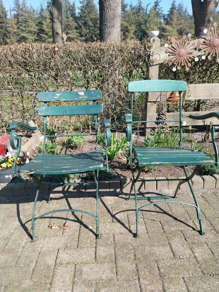 2 smeedijzeren stoelen met armleuning, Ophalen of Verzenden, Gebruikt, Overige materialen, Stoel