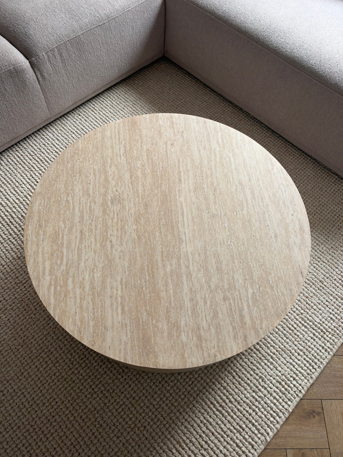Tavertin look salontafel, Ophalen, Zo goed als nieuw, Rond, 50 tot 100 cm