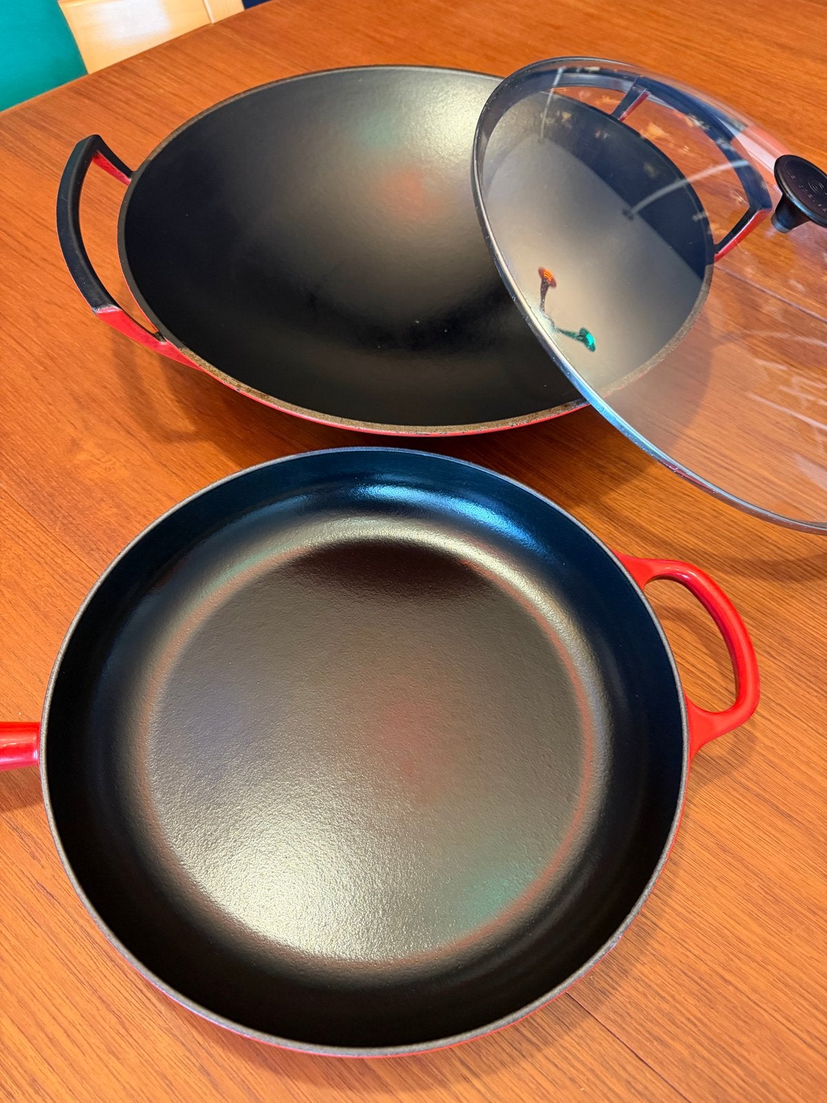 Le Creuset Koekenpan en Wok - Gietijzeren Pannenset, Ophalen, Gebruikt, Gietijzer, Met deksel