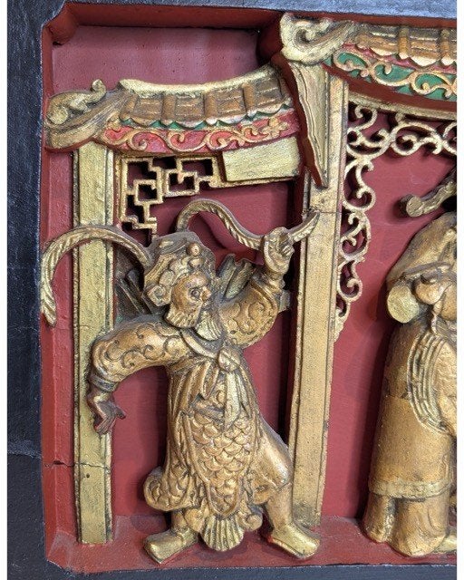 Groot antiek Chinees verguld houtsnijpaneel – Qing-dynastie, Antiek en Kunst, Ophalen of Verzenden, Op houten frame, Overige technieken