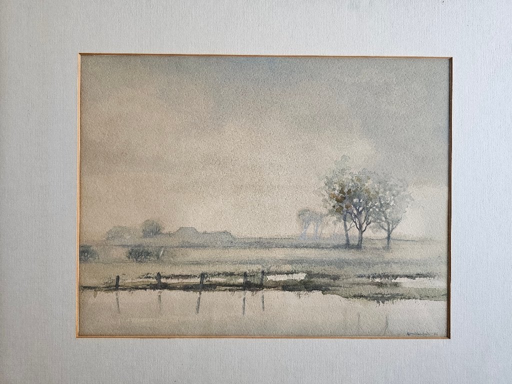 Sfeervol Aquarel IJssellandschap (1986)–Sjoerdtje Mulder-Hak, Antiek en Kunst, Ophalen of Verzenden, Landschap, Gesigneerd, Papier