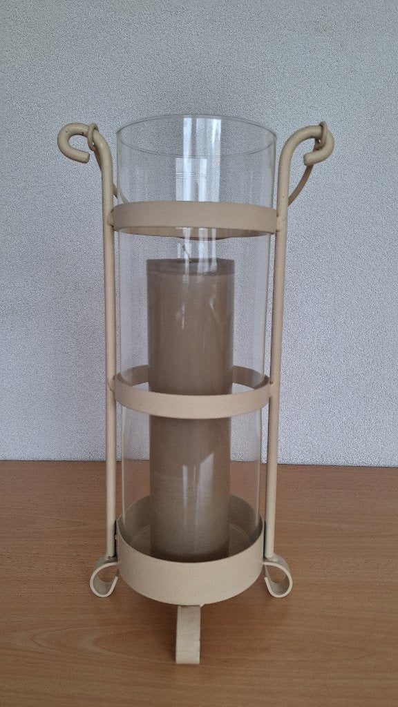 Crème / beige windlicht, kaarsenhouder met draaghendel, Huis en Inrichting, Woonaccessoires | Kandelaars en Kaarsen, Ophalen, Overige materialen