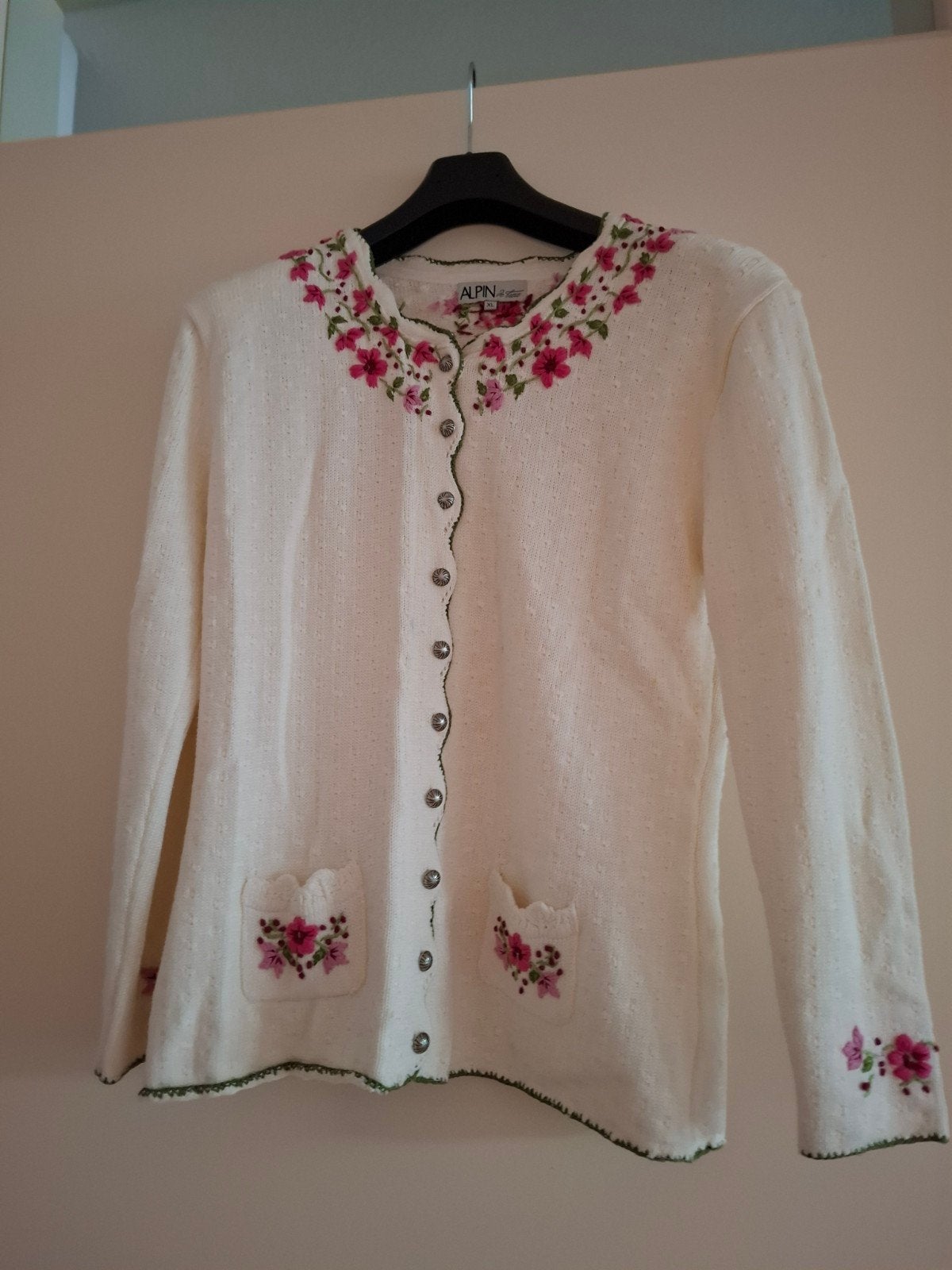 Alpin gebreid vest met bloemenborduursel, Ophalen, Alpin, Wit, Maat 46/48 (XL) of groter